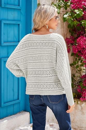 Cakulo Womens Off Shoulder Sweater Top Fall Outfits Fashion 2025 Oversized Knit Batwing Long Sleeve Crochet Pullover Sweaters thumbnail 8