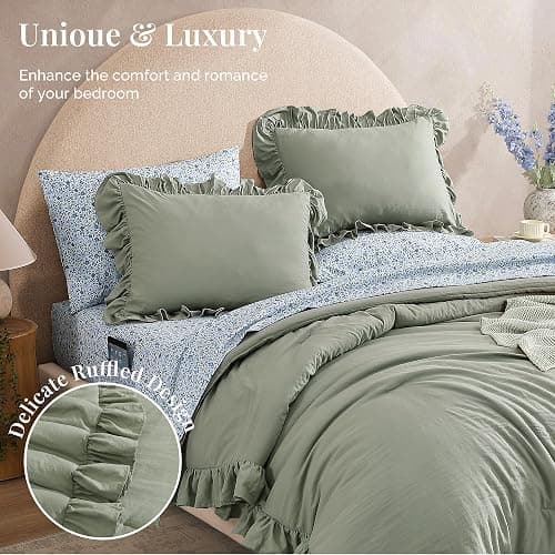 BLOOMHAVEN Queen Comforter Set - 7 Pieces Ruffle Sage Green Bedding Sets, Shabby Chic Farmhouse Bed in a Bag Queen with Ruffle Comforter, Floral Sheets, Pillowcases & Shams thumbnail 2