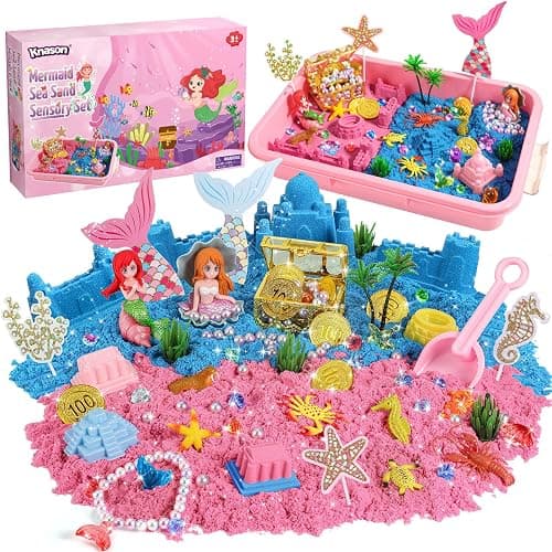 KNASON Mermaid Sensory Bin,Play Sand Art Kit for Girls and Boys with 2.2lbs Sensory Play Colored Sand,Treasure Accessories and Sandbox,Beach Toy Christmas Birthday Present for Kids Ages 3 4 5 6 7 8 thumbnail 2
