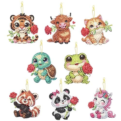 Masendp 8 Piece 5D DIY Animal Diamond Painting Double Sided Keychain Set, Flower Diamond Pendant Hanging Animal Art Decoration for Adult Beginner Pack Birthday Family Party Decoration - Image 1