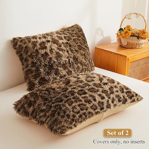 XeGe Cheetah Print Faux Fur Fluffy Pillowcases, Plush Shaggy Soft Long Pillow Covers, Fuzzy Decorative Leopard Print Pillow Cases, Furry Pillow Shams for Bed Couch Zipper, Set of 2(Standard, Brown) thumbnail 2