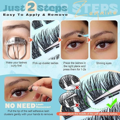 Wispy Self Adhesive Eyelashes Natural Self Adhesive Lash Clusters With Spikes D-Curly Pre Glued Lashes Reusable Glueless Lashes Salon-Level Cluster Eyelash Extensions 10-18MM by Zegaine thumbnail 7