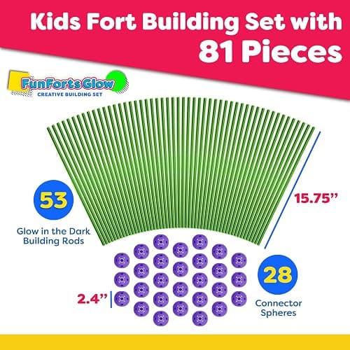 Fun Forts Glow Fort Building Kit for Kids - 81 Pack Glow in The Dark STEM Building Toys Indoor Outdoor Play Tent for Kids Construction Toys with 53 Rods and 28 Spheres thumbnail 6