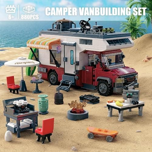 TYCOLE City Camper Van Building Set-Beach Camping Themed Construction Toy Kit with Mini Accessories&Lights, RV Car Model Compatible with Legos,Birthday Gift for Adults and Kids 6+(880 pcs) thumbnail 4
