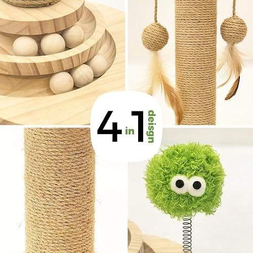 TINYBEAST Wooden Cat Scratching Post fot Kittens, 4 in 1 Cat Scratcher Toy with Cat Ball Tracks, 18" Tall Sisal Scratch Post for Indoor Kittens, Interactive Feather Toy and 2 Sisal Hanging Balls thumbnail 2