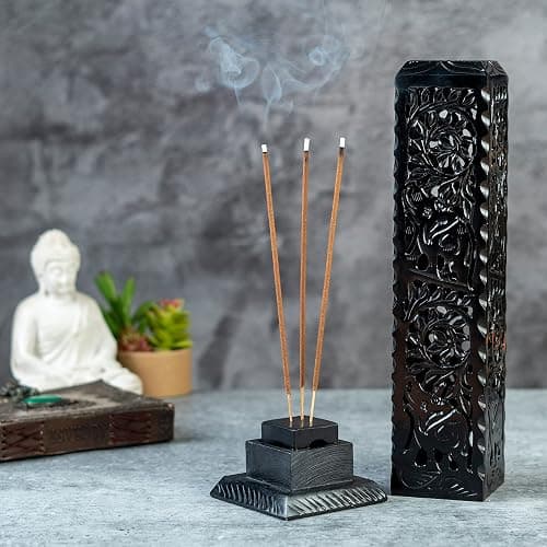Crocon Black Marble Soapstone Incense Stick Burner Square Shape Leaf & Half Wheel Carving Tower Burner | Tea Light Candle Holder | Decorative Home & Kitchen Size - LxWxH 3X3X11 Inch thumbnail 2