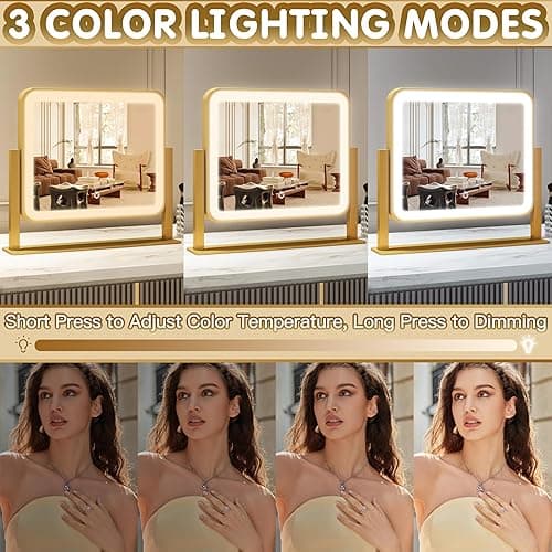 FENNIO Vanity Mirror with Lights 14x12 Inch - Makeup Mirror with Lights Tabletop, 3-Color Dimmable Lighted Mirror, Touch Control Desktop Mirror for Women (Gold) - Gold - 14"L x 12"W thumbnail 3