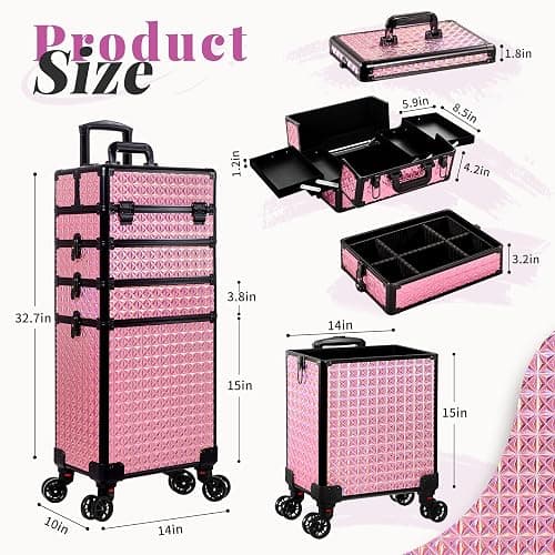 AROUS 5 in 1 Rolling Makeup Train Case Cosmetology Case on Wheels Large Cosmetic Organizer Travel Cart for Hairstylist Artist Nail Beauty Salon Barber,Pink thumbnail 5