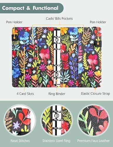 A6 Budget Binder for Money Saving, PU Leather Budget Planner with 8 Cash Envelopes, Budget Sheets & Rose Gold Category Stickers, Money Organizer for Cash (Floral) thumbnail 4