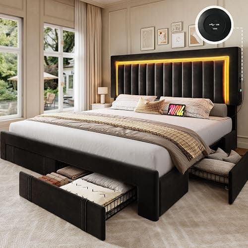 YITAHOME Queen Size Bed Frame with Adjustable Headboard, 4 Storage Drawers and RGB LED Lights, Velvet Upholstered Platform Bed with USB Ports, No Box Spring Needed, Fast Assembly, Noise-Free, Black - Image 1