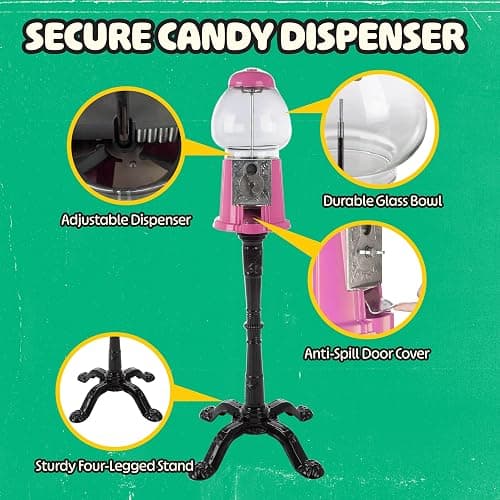 15” Gumball Machine with Stand and Coin Bank - Bubble Gum Machine Candy Dispenser with Glass Globe and Metal Base - Vintage Style Gum Ball Vending Dispenser by Great Northern Popcorn (Pink) thumbnail 3