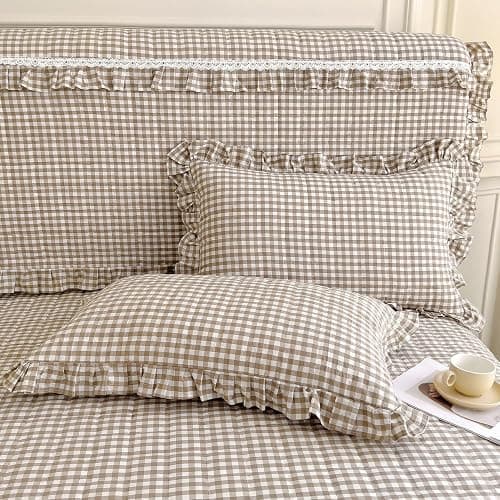 LifeTB Tan Gingham Comforter Set Full Vintage Ruffle Taupe Plaid Comforter Set 3 Pieces Soft Fluffy Grid Checkered Pattern Comforter with 2 Pillowcases Farmhouse Gingham Bedding Comforter Full thumbnail 9
