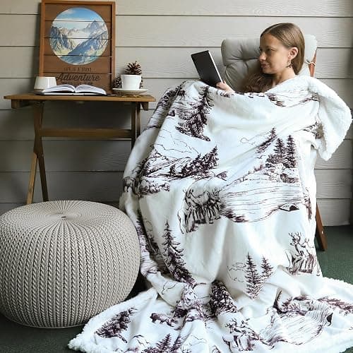 Indigo Hill by HiEnd Accents White Pine 3 Piece Sherpa Throw Blanket Set, Pine Tree Bear Deer Elk Print Fleece Throw Set, Western Cabin Lodge Rustic Style, 1 Throw and 2 Pillows thumbnail 2