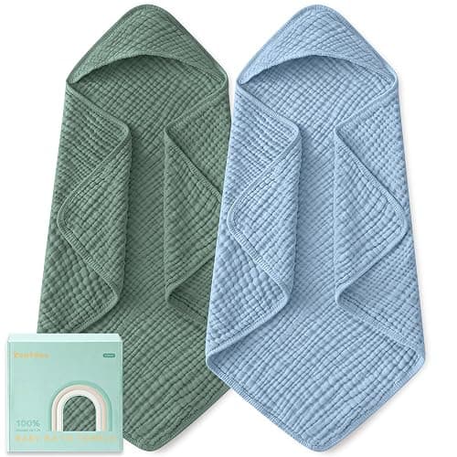 Yoofoss Hooded Baby Towels for Newborn 2 Pack 100% Muslin Organic Cotton Baby Bath Towel with Hood for Babies, Infant, Toddler and Kids, Large 32x32Inch, Soft and Absorbent Newborn Essential - Image 1