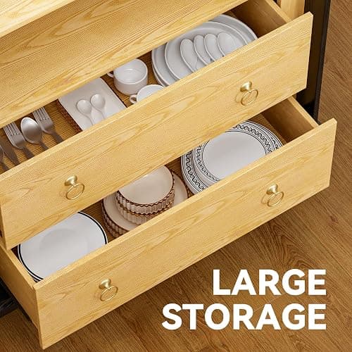 YESHOMY 71" Arched Cabinet, Tall Kitchen Pantry Storage Cabinets with Large Drawers, Shelves and Glass Doors, Modern Display Bookcase for Living Room, Dining Room (Pure Black) thumbnail 5
