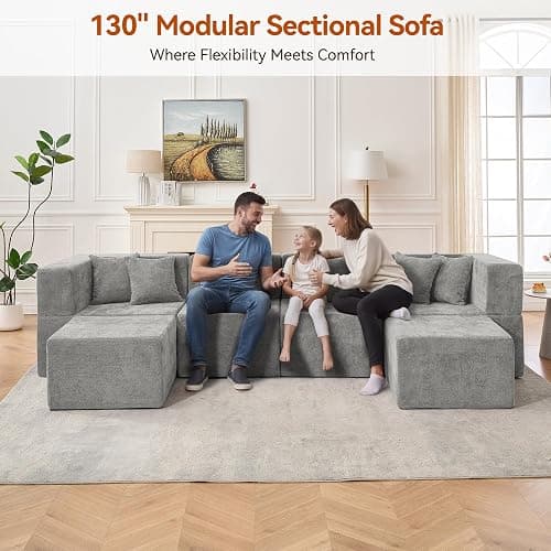 MONVANE Modular Sectional Cloud Couch for Living Room - 130'' 6 Seater Convertible Chenille Couches Set with Ottoman, No Assembly Compression Sofas, Comfy Floor Sofa with Memory Foam, Light Grey thumbnail 7