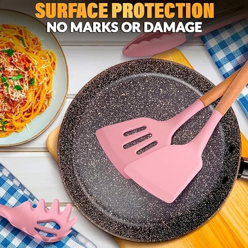 Kitchen Utensils Set with Holder for Nonstick Cookware - 12 Pcs Pink Silicone Cooking Utensils Set, Kitchen Tools for Daily Cooking - Wooden Handle Cooking Tools for Baking Serving and Mixing Tasks thumbnail 7
