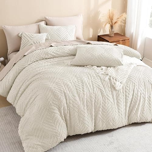 Litanika Queen Comforter Set Beige, 3 Pieces Cream Tufted Boho Farmhouse Bedding Comforter Sets, Lightweight Fluffy Comforter Bed Set for All Season (90x90In Comforter and 2 Pillowcases) - Image 1