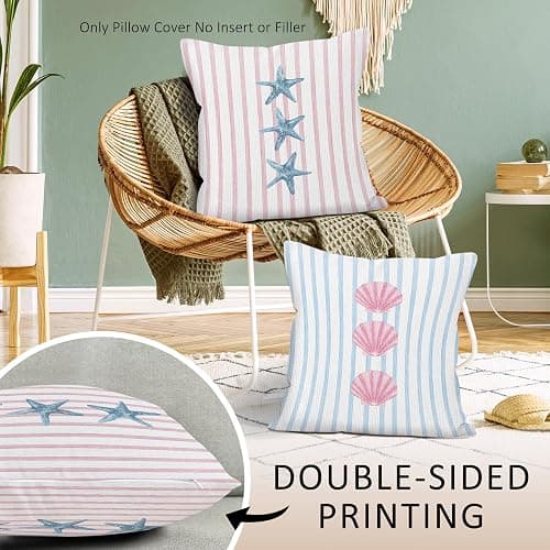 LLOKARNORA Preppy Starfish Seashell Throw Pillow Covers Set of 2, Pink and Blue Striped Pillow Case Cover for Girls Room, Coastal Square Pillowcase, Beachy Coquette Cushion Cover Case for Couch,18x18 thumbnail 4