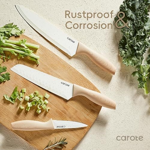 CAROTE 12PCS Knife set with Blade Guards,Granite Nonstick Ceramic Coating,Stainless Steel blade, Wood Grain Handle, Essential knife set,White thumbnail 4