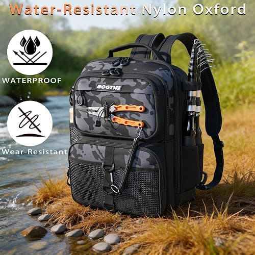 BOGTIM Fishing Backpack with Tackle Boxes & Lures Kit Lightweight 25L Tackle Bag with Fishing Gear and Rod Holder, Fish Gifts for Men Woman-Camo Backpack thumbnail 3