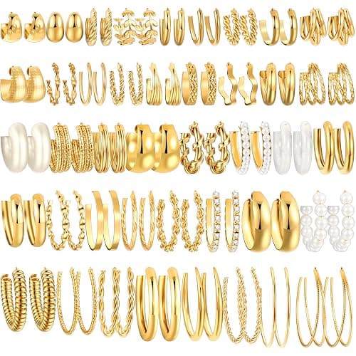 42 Pairs Gold Hoop Earrings Set for Women, Fashion Chunky Pearl Earrings Multipack Twisted Statement Earring Pack, Hypoallergenic Small Big Hoops Earrings for Birthday Party Gifts Jewelry - Image 1