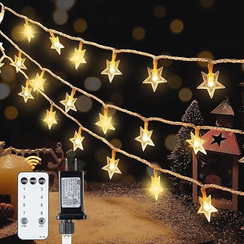 HEYFUNi Warm White Star String Lights,39FT 100LED Plug in Fairy Twinkle Lights with 8 Modes Waterproof for Indoor Outdoor Christmas Tree,Home,Girls’ Room,Garden,Party,Wedding Decor(Warm White) - Image 1