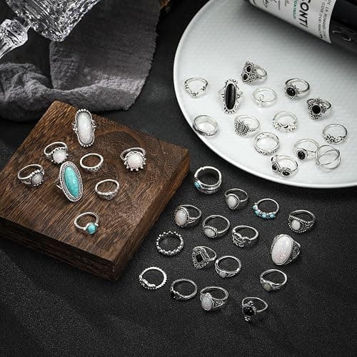 Mixcbe Vintage Silver Knuckle Rings Set for Women Western Turquoise Rings Bohemian Midi Ring Bulk, Chunky Rings,Retro Stone Crystal Stackable Joint Finger Ring Pack thumbnail 3