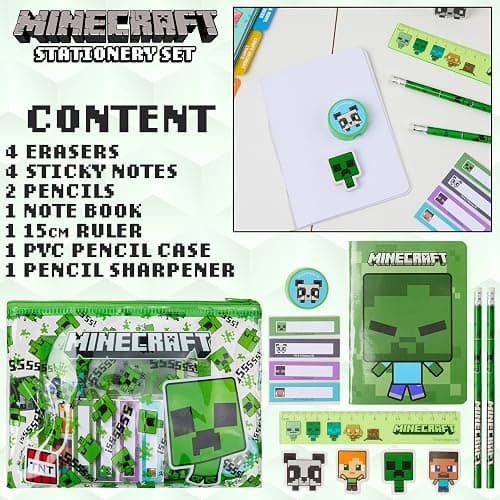 Minecraft Filled Pencil Case and Stationery Set for Kids, School Supplies - Gifts for Boys (Green) thumbnail 6