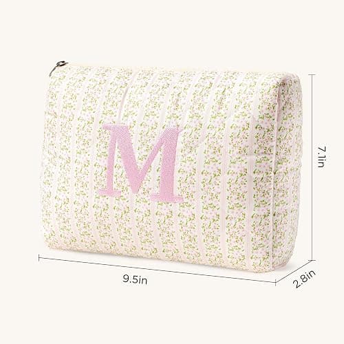 HBselect Initial Quilted Makeup Bag, Pink Cosmetic Travel Toiletry Bag, Flowers Coquette Zipper Make Up Pouch Organizer Teen Girl Gift Trendy Stuff M thumbnail 5
