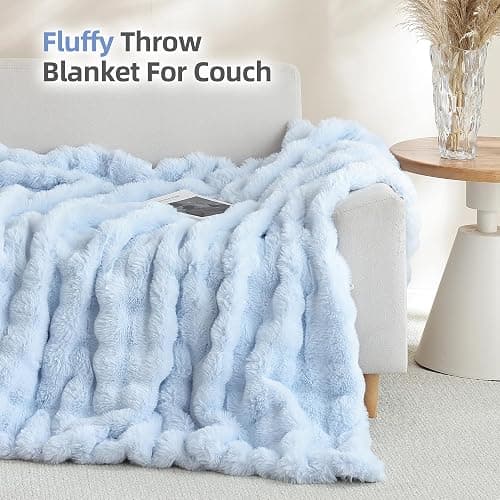 Smoofy Faux Fur Throw Blanket for Couch - Light Blue Super Soft Cozy Bubble Blanket, Fluffy Plush Fuzzy Throw for Sofa & Bed, Thick Lightweight Warm Blanket, Luxury Aesthetic Gift for Women 50"x60" thumbnail 3