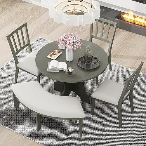 5-Piece Round Dining Table Set for 4 Round Kitchen Table Set with Curved Bench & 3 Chairs Retro Round Dining Room Set for Kitchen, Dining Room (Grey) - Grey
