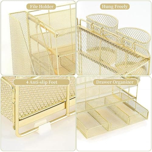 Gianotter Paper Letter Tray Organizer with File Holder, 4-Tier Desk Accessories & Workspace Organizer with Drawer and 2 Pen Holders - Gold thumbnail 5