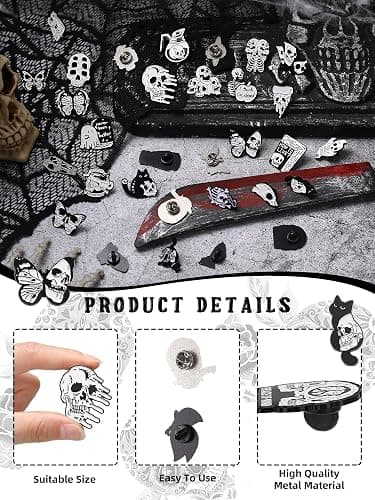 Ferraycle 30 Pieces Halloween Enamel Pins Set Horror Enamel Pins for Backpacks Cool Skeleton Ghost Butterfly Cat Lapel Pin Steampunk Brooches Pin for Hats Clothes Women Men thumbnail 2