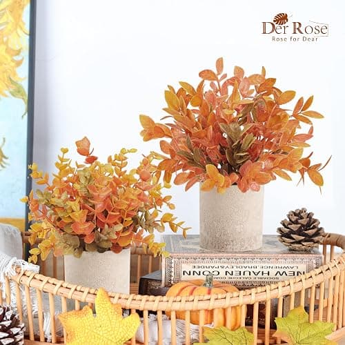 Der Rose 3 Pack Fake Plants Warm Orange Faux Plants for Fall Table Decor | Orange maple-toned eucalyptus, lightweight and compact, maintenance-free, autumn accents for shelf kitchen bedroom entryway thumbnail 2