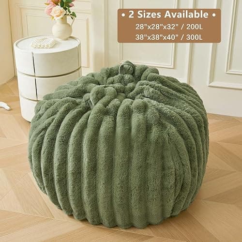 MEGO Kids Fluffy Faux Rabbit Fur Bean Bag Chair Cover(No Filler), Cozy Moss Plush Shaggy Striped Stuffed Animal Storage Bean Bag, Fuzzy Ribbed Beanbag Cover Kids Girls Teens Adult, Sage Green thumbnail 5