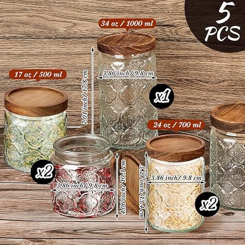 Gerrii 5 Pcs Begonia Pattern Round Vintage Glass Food Storage Containers 17/24/34 oz Glass Jar with Lid Airtight Candy Jar Food Canisters for Kitchen Counter Pantry Coffee Tea Beans thumbnail 3