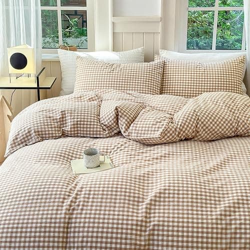 LifeTB Queen Comforter Set Tan Gingham Comforter Modern Style Beige Plaid Comforter Set 3 Pieces Fluffy Grid Checkered Comforter with 2 Pillowcases Boho Gingham Bedding Set Queen Size thumbnail 5