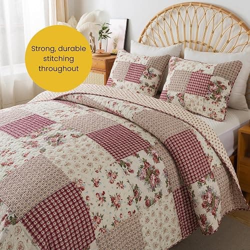 SLPR Country Roses Patchwork Cotton Pieced Quilt Set - Twin Size with 1 Sham, French Country Style Floral Bedding, Red Rose Farmhouse Quilted Bedspread with Flower Pattern thumbnail 4
