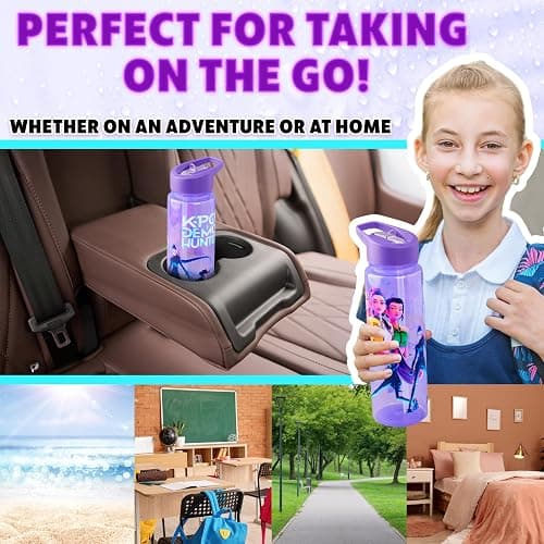 KPop Demon Hunters Water Bottle for Girls 25oz/700ml, Huntrix BPA Free Plastic Water Bottle with Straw, Rumi Zoey Mira Kpop Merchandise Gifts thumbnail 4