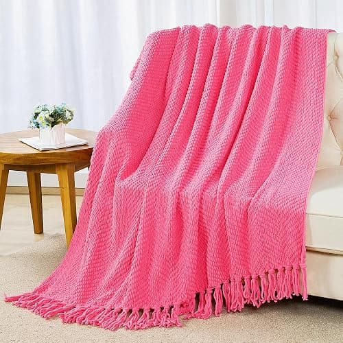 BYTIDE Throw Blanket for Couch Soft Knitted Textured Couch Cover Tweed Blanket with Fringe Tassel for Home Décor Bed Sofa Chair, 60" x 80", Hot Coral Pink thumbnail 3