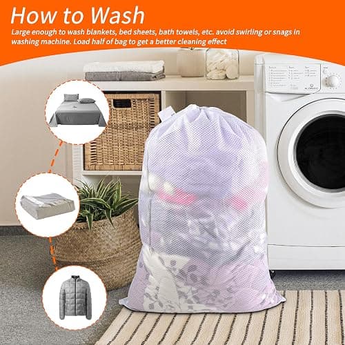 Polecasa Extra Heavy Duty Large Diamond Mesh Laundry Bags with Drawstring Closure & ID Tag, 24 x 36 inches Washable Storage Bag for College, Travel, Sports, Dorms, White thumbnail 6