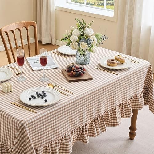 Fiokle Gingham Ruffled Tablecloth Rectangle Cotton Style, Taupe 52x70 | Farmhouse Checkered Table Cloth, Washable Shrinkle & Wrinkle Free Plaid Table Cover for Dinner, Holiday, Party thumbnail 2