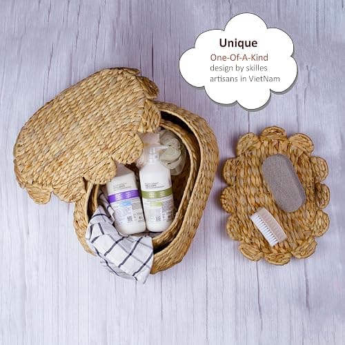 LUSYDECO Round Wicker Storage Baskets with Lid, Rattan Basket Decorative Boxes, Woven Storage Box Hyacinth Basket with Lids, Scalloped Edge Wicker Basket with Lid, Set of 2 thumbnail 5