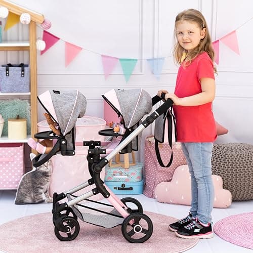Bayer Twin Doll Pram Neo, Grey, Pink with Butterfly, Jean Look thumbnail 2
