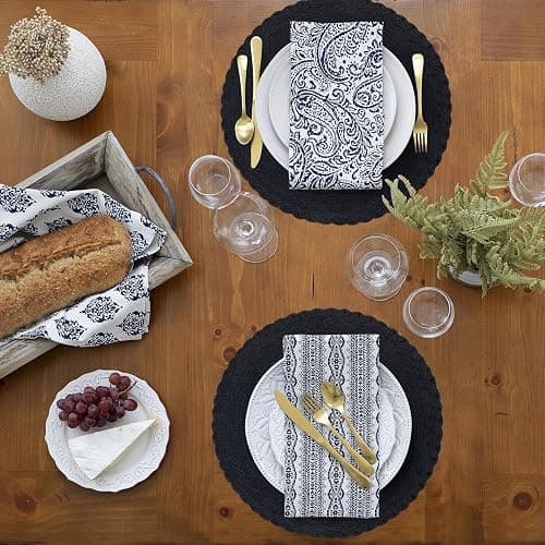 SHACOS Round Placemats Set of 4 Boho Braided Border 15 inch Circle Place Mats Washable Fabric Table Mats for Kitchen Dining Table, Black thumbnail 2