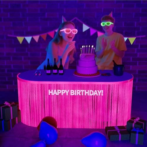 2Pack Neon Party Decorations Glow in The Dark Party Supplies Fluorescent Macaron Pink Wavy Tinsel Foil Fringe Table Skirts Black Light Reactive Perfect Table Decors For Glow Party Wedding Birthday thumbnail 3