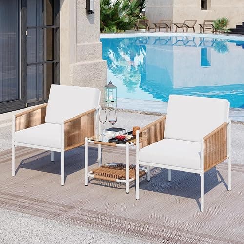 Shintenchi 3 Pieces Patio Furniture Set,Outdoor Patio Furniture Wicker Rattan Conversation Set,Including 2 Single Chairs with Cushion and Glass Coffee Table for Backyard,Balcony,Poolside(Beige) - 3 Pcs/Beige - Image 1