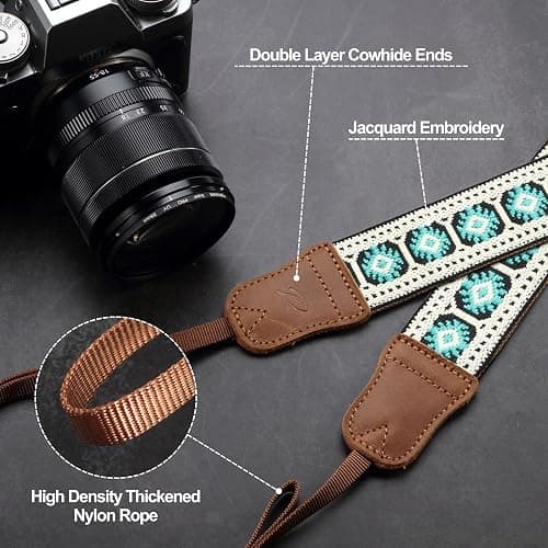 Padwa Lifestyle Camera Strap - 1.5" Crazy Horse Cowhide Head Cotton Strap,Vintage Embroidery Camera Straps for Photographers,Cameras,Binoculars,Cute Adjustable Shoulder Neck Strap for Adults & Kids thumbnail 3