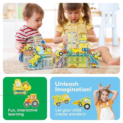PicassoTiles Magnet Tiles Magnetic Building Blocks with 8 Construction Vehicles Crank Truck Excavator Bulldozer Road Roller Concrete Mixer Tractor Dump Truck Forklift Toys Learning Kids Ages 3+ PTQ11 thumbnail 6